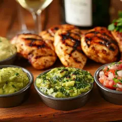 Grillad kyckling med tre olika såser: guacamole, grön ört-sås och pico de gallo. Perfekt sås till grillat för en somrig middag.