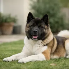 Piękny akita amerykański leży na trawie. Zastanawiasz się, akita amerykańska ile żyje? Średnio 10-13 lat.