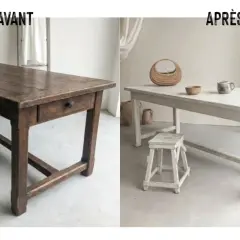 Avant/Après : une vieille table en bois sombre transformée pour moderniser une table en bois avec une finition claire et lumineuse.