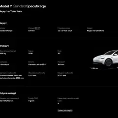 Tesla Model Y Standard Range: wymiary 4797 mm długości, 1621 mm wysokości, 2129 mm szerokości z lusterkami.