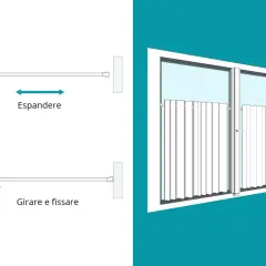 Istruzioni per il montaggio tende: espandere il bastone, girare e fissare. Tende bianche su finestra.