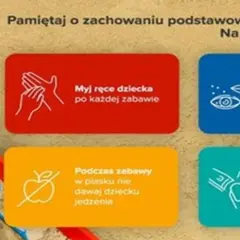 Piaskownica, dziecko bawi się piaskiem. Pamiętaj o higienie: myj ręce, chroń oczy i usta, nie jedz w piasku, obcinaj paznokcie. Pif paf!