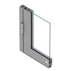 Przekrój okna Aluprof MB-45 z widocznym profilem aluminiowym, zawiasem i szybą.