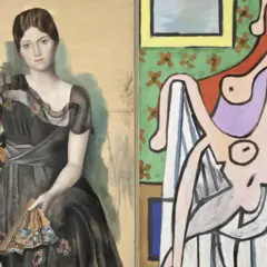 Dos cuadros de Picasso: una mujer elegante sentada y otra figura femenina abstracta.