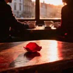 Romantyczny wieczór w kawiarni. Płatek róży na stole, para przy kawie. Tak można pokazać dziewczynie, że ją kocham.