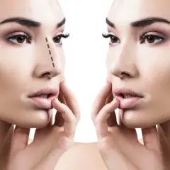 Modelowanie nosa kwasem hialuronowym: przed i po zabiegu. Dwa profile tej samej kobiety, jeden z zaznaczonym nosem do korekty.