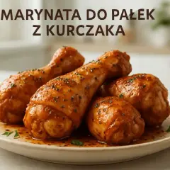 Soczyste pałki z kurczaka w aromatycznej marynacie, posypane ziołami, gotowe do podania.