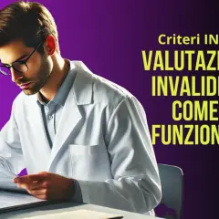 Medico con camice bianco esamina documenti, illustrando i criteri INPS per la valutazione dell'invalidità civile e come funziona.
