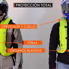 Dos motoristas con chalecos de protección total. El chaleco airbag para motoristas protege cervicales, cuello, tórax y órganos blandos.