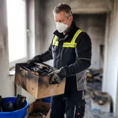 Mann mit Maske sortiert Brandgut in Karton. Wohnung nach Brand unbewohnbar was tun?