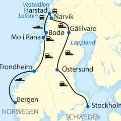 Karte zeigt eine Route durch Norwegen und Schweden, mit Zügen und Schiffen. Die schwedische Bahn verbindet Stockholm mit Östersund und Gällivare.