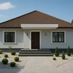 Nowoczesny dom z brązowym dachem i białymi oknami. Jasna elewacja, schludny ogród z kamieniami i krzewami.