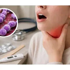 Ingrandimento di streptococchi viola, con una persona che si tocca la gola arrossata. Termometro e pillole suggeriscono i sintomi streptococco bambini.