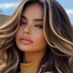 Mujer con cabello bronde ondulado, con reflejos rubios y castaños que iluminan su rostro.