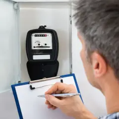 Mężczyzna notuje odczyt licznika energii elektrycznej, planując zwiększenie mocy przyłączeniowej w mieszkaniu.