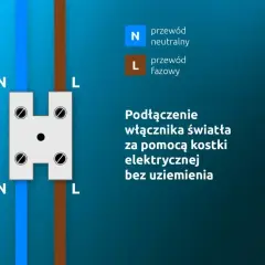 Schemat podłączenia włącznika światła za pomocą kostki elektrycznej. Widoczny łącznik szeregowy z przewodami neutralnym (N) i fazowym (L).