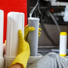 Mains de gants jaunes manipulant un filtre à eau pour nettoyer la résine. Deux autres filtres sont visibles.