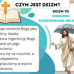 Ilustracja wyjaśnia deizm: uznaje Boga-stwórcę, ale odrzuca jego ingerencję w świat. Opiera się na rozumie, nie objawieniu.