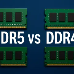 Zwei DDR5 und zwei DDR4 RAM-Module werden nebeneinander auf einem blauen Hintergrund gezeigt.
