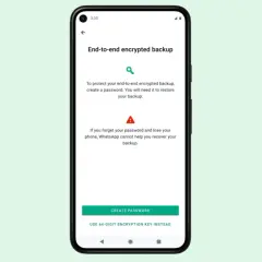 Ekran telefonu z opcją tworzenia hasła do szyfrowanej kopii zapasowej WhatsApp. Pamiętaj, by nie zgubić hasła!