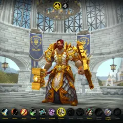 Paladyn w złotej zbroi, gotowy do walki. Wybór postaci w grze, wow klasy!