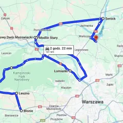 Trasa samochodowa przez północ Polski, wiodąca przez Kampinoski Park Narodowy, Łomianki, Modlin Stary i Serock.