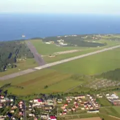 Lotnisko Kosakowo z lotu ptaka, z pasem startowym, zielonymi polami i morzem w tle.