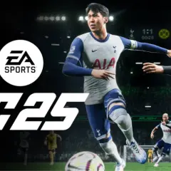 EA SPORTS FC 25 na PS4. Dynamiczna akcja na boisku, piłkarze w akcji, logo gry i EA SPORTS.