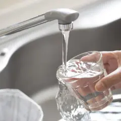 Main d'une personne remplissant un verre d'eau du robinet à Paris. L'eau claire coule du robinet chromé dans le verre.