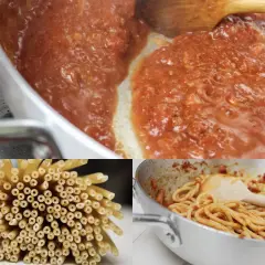 Sos pomidorowy gotuje się w patelni, obok leży pęczek makaronu bucatini. Gotowe bucatini amatriciana w garnku.