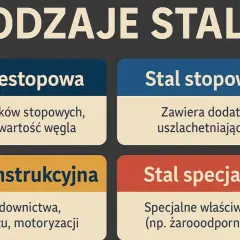 Rodzaje stali: niestopowa (bez dodatków, różna zawartość węgla), stopowa (z dodatkami uszlachetniającymi), konstrukcyjna (do budownictwa, przemysłu, motoryzacji) i specjalna (np. żaroodporna).