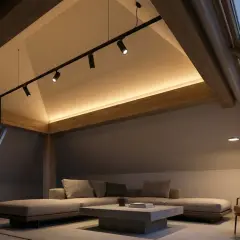 Accogliente mansarda con tetto spiovente, illuminazione soffusa e faretti direzionabili. Un rifugio moderno e rilassante.