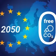 Mapa Europy z gwiazdami UE, napisem "2050" i symbolem "free CO2".