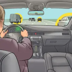 Fahrer im Auto versucht, den Verkehr zu überholen, aber die Bremsen funktionieren nicht. Ein Van und andere Autos sind auf der Straße.