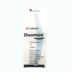 Opakowanie leku Duomox, zawierające 20 tabletek po 1g amoksycyliny. Stosowany na infekcje bakteryjne.