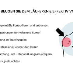 Tipps zur Vorbeugung des Tractus-Syndroms (Läuferknie): Schuhe prüfen, Kräftigungsübungen, Abwechslung, Laufstil, langsame Steigerung, Körpersignale beachten.