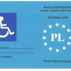 Karta parkingowa osoby niepełnosprawnej. Pozwala na parkowanie w miejscach wyznaczonych, do których znaków może nie stosować się osoba niepełnosprawna.