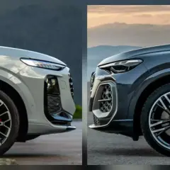 Porównanie przednich części dwóch Audi Q5 różnych generacji. Jasnoszary i ciemnoszary SUV z charakterystycznymi detalami.
