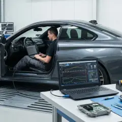 Taller de **que es tuning**: un coche en banco de potencia, un técnico en el asiento con portátil y otro soldando una centralita.