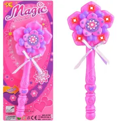 Różowa, świecąca różdżka księżniczki w kształcie kwiatka z fioletowymi detalami i wstążką. Idealna do magicznych zabaw.
