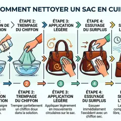Guide pour nettoyer cuir vinaigre blanc : étapes de préparation, trempage, application, essuyage et séchage d'un sac en cuir.