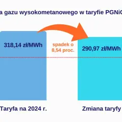 Wykres pokazuje, że ceny gazu spadną z 318,14 zł/MWh do 290,97 zł/MWh w 2024 r.