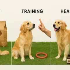 Golden retriever feliz junto a su comida, aprendiendo trucos y cuidando su salud.