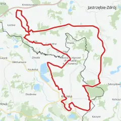 Mapa z zaznaczoną trasą rowerową, która tworzy pętlę wokół Karwiny i Jastrzębia-Zdroju. To może być fragment żelazny szlak rowerowy godów.