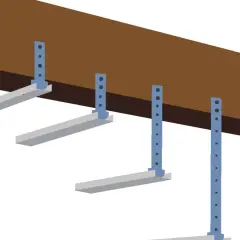 Vue isométrique d'une poutre en bois avec des supports bleus fixés. La distance entre deux suspentes est visible.
