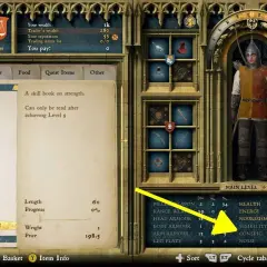 Interfejs gry Kingdom Come: Deliverance. Gracz przegląda przedmioty, szukając książki "Hercules and His Diet II", która może być kluczem do rozwoju postaci, niczym w Kingdom Come Deliverance trainer.