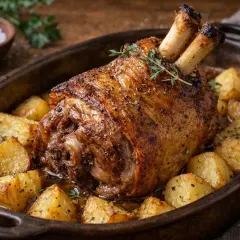 Un jarret de porc rôti, doré et croustillant, servi avec des pommes de terre coupées en dés dans un plat en fonte. Une herbe aromatique décore le plat.