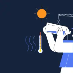 Operaio con casco beve acqua sotto il sole cocente, termometro indica alta temperatura. Attenzione al microclima ambiente di lavoro.