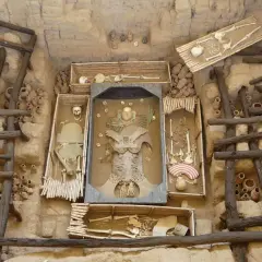 Tumbas del señor de Sipán, con esqueletos y ofrendas funerarias en un sitio arqueológico.