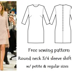 Free shift dress pattern for a round neck, 3/4 sleeve design, available in petite and regular sizes.
